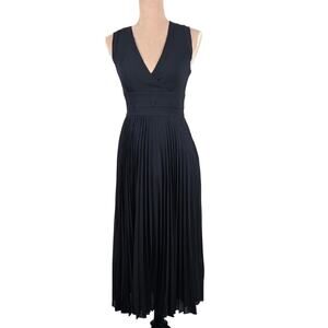 Anthropologie Leifsdottir Navy Blue Silk Merle Pleated Midi Dress Size Small